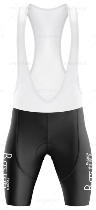 The Frigos Boston Retro Cycling Jersey Set includes black and white bib shorts with logoed thighs, white straps, and a padded seat for comfort on long rides.