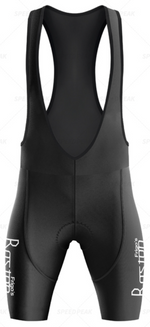 Frigos Boston Retro Cycling Jersey Set includes black cycling bib shorts with white brand text on the thighs, featuring a fitted design with shoulder straps and seat padding for optimal performance.