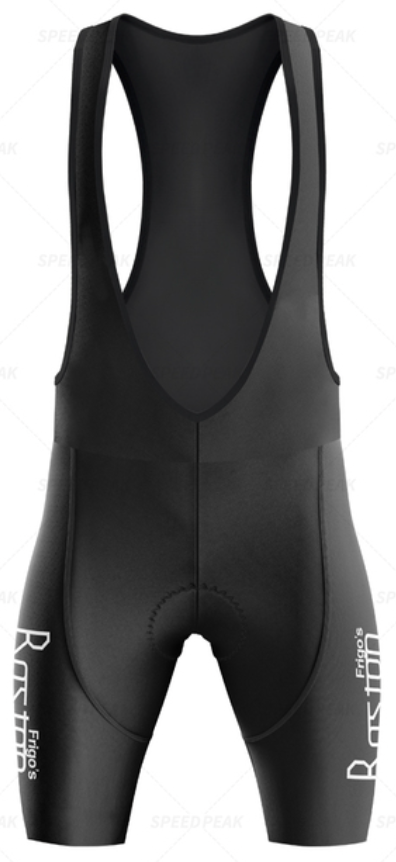 Frigos Boston Retro Cycling Jersey Set includes black cycling bib shorts with white brand text on the thighs, featuring a fitted design with shoulder straps and seat padding for optimal performance.