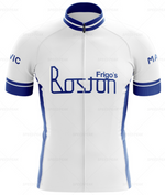 The Frigos Boston Retro Cycling Jersey Set is a white and blue cycling jersey with a front zipper and short sleeves, featuring Boston and Frigos in blue on the front. Blue stripes highlight the sleeves and collar, making it perfect for performance cycling.