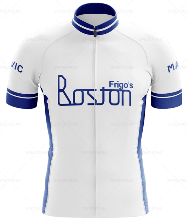 The Frigos Boston Retro Cycling Jersey Set is a white and blue cycling jersey with a front zipper and short sleeves, featuring Boston and Frigos in blue on the front. Blue stripes highlight the sleeves and collar, making it perfect for performance cycling.