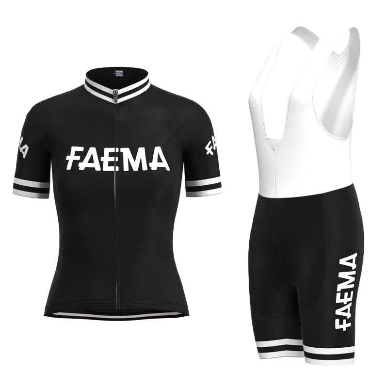 The Womens Faema 1955 Retro Cycling Jersey Set includes a black and white jersey with FAEMA on the chest and sleeves, paired with black bib shorts featuring matching lettering. The jersey features a zip-up front and short sleeves for a classic retro look.