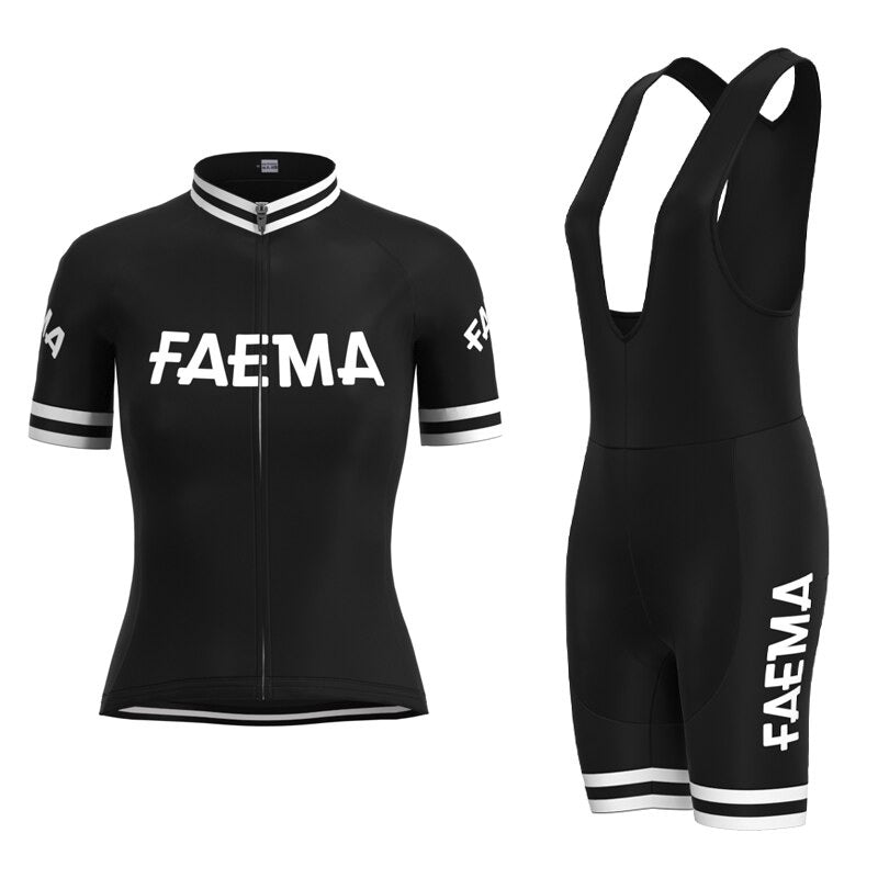The Womens Faema 1955 Retro Cycling Jersey Set features iconic FAEMA lettering and stripes, reminiscent of the classic 1955 style. The black jersey has a front zipper, and the bib shorts include comfortable shoulder straps for a timeless ride.