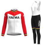 The Womens 1969 Faema Retro Cycling Jersey Long Set showcases a retro FAEMA team design with red, white, and rainbow-striped accents on the jersey and collar. It comes with black bib shorts featuring matching stripes and a FAEMA logo, ideal for vintage cycling fans.