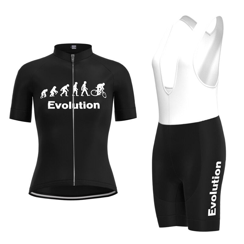 Introducing the Womens Evolution Cycling Jersey Set: a stylish black jersey with Evolution and an evolution stages graphic ending in a cyclist, paired with sleek white and black bib shorts featuring Evolution on the side and a gel seat pad for ultimate comfort.