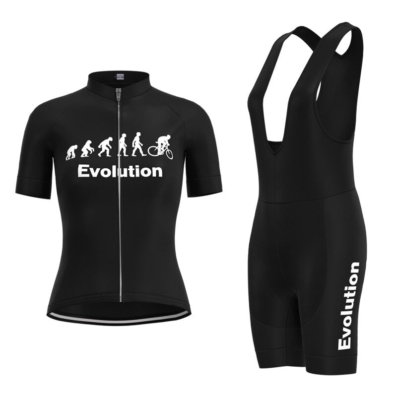 Womens Evolution Cycling Jersey Set: This black ensemble includes a jersey with a white evolution graphic and Evolution text, paired with bib shorts featuring the same text on the side and a gel seat pad for comfort on long rides.