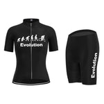The Womens Evolution Cycling Jersey Set includes a black jersey and shorts with a white evolution graphic ending in a cyclist. The shorts have a gel seat pad for added comfort during long rides.