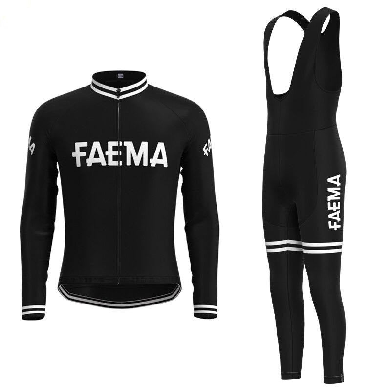 The Faema 1955 Retro Cycling Jersey Long Set, featuring the iconic white FAEMA text, includes a long-sleeve zippered jersey and bib tights with a gel seat pad. White stripes on the cuffs, hem, and thighs enhance its sleek athletic appearance. Fleece option available.