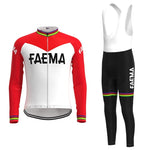 The image displays the Faema 1969 Retro Cycling Jersey Long Set with Faema on the front and sleeves, in red and white. The ensemble includes breathable shorts with rainbow accents, blending style and performance for every ride.