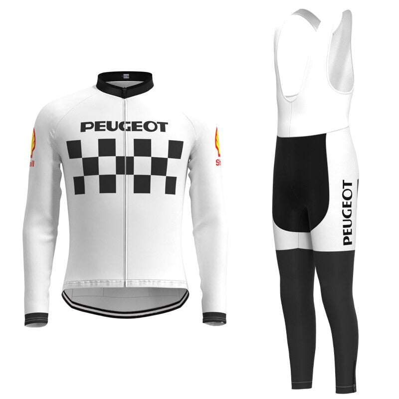 The Classic 1960s Peugeot Retro Cycling Jersey Long Set features a white jersey with PEUGEOT and black checkered patterns, paired with matching bib tights. Logos on sleeves and tights evoke Eddy Merckxs era. Fleece lining available for cool rides.