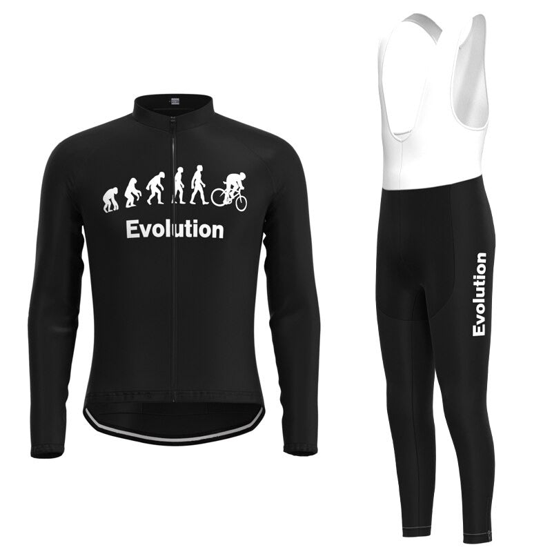The Evolution Retro Cycling Jersey Long Set, available with a fleece option, features a Evolution theme ending with a cyclist. The jersey displays bold white text and the bib tights offer comfort with a gel seat pad and Evolution printed vertically on the left leg.