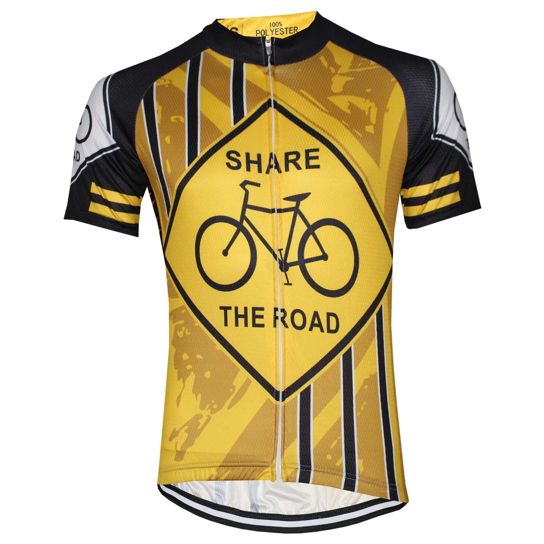 The Share The Road Retro Cycling Jersey features a yellow and black design, crafted from lightweight polyester. Its classic retro feel is enhanced with safety-focused Share the Road signs, abstract patterns, and modern diagonal stripes for a stylish ride.