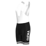 Front and side view of black and white Womens Faema 1955 Retro Cycling Jersey Set bib shorts, with FAEMA in vertical white letters, featuring shoulder straps and a sleek, minimalist design.