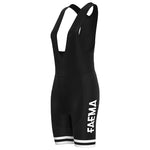 Womens Faema 1955 Retro Cycling Jersey Set features black cycling bib shorts with a sleeveless design, FAEMA in white on the side, and white leg trim reminiscent of classic 1955 cycling jerseys.