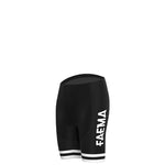 The Womens Faema 1955 Retro Cycling Jersey Set includes black cycling shorts with a vertical FAEMA in white on the left side, and white hem stripes for a classic look.