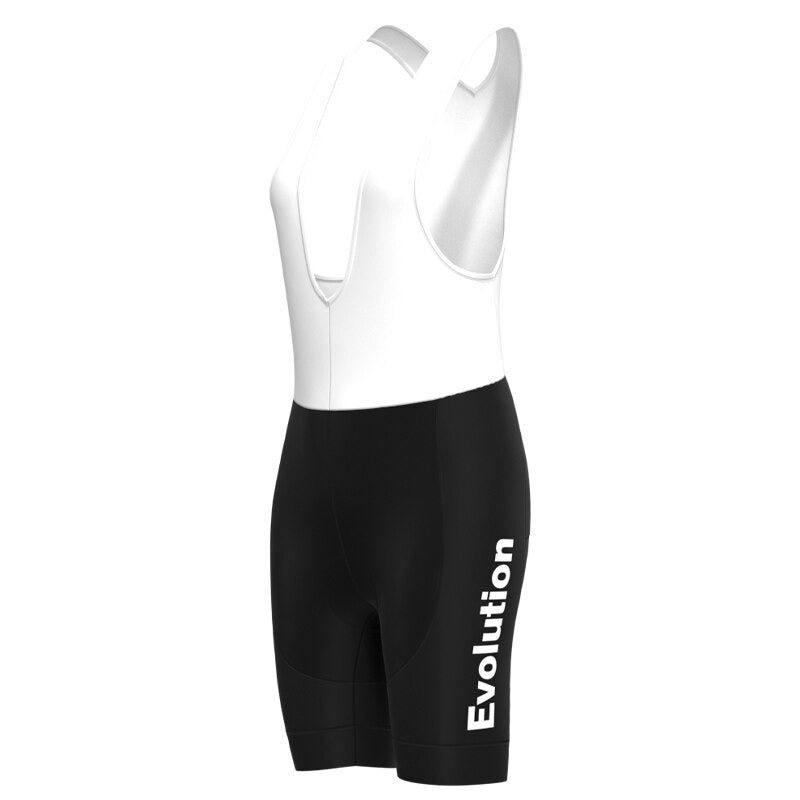 Introducing the Womens Evolution Cycling Jersey Set: a chic sleeveless black and white cycling bib with Evolution in white on the right leg, featuring a white upper transitioning into black shorts—ideal for any adventure.