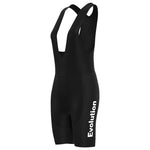 The Womens Evolution Cycling Jersey Set includes black bib shorts with shoulder straps and Evolution in white on one leg, offering a form-fitting design and supportive gel seat pad for athletic comfort.