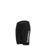 Black biking shorts with Evolution printed vertically on the left are included in the Womens Evolution Cycling Jersey Set. They boast a sleek, fitted design ideal for cycling, set against a plain white background.