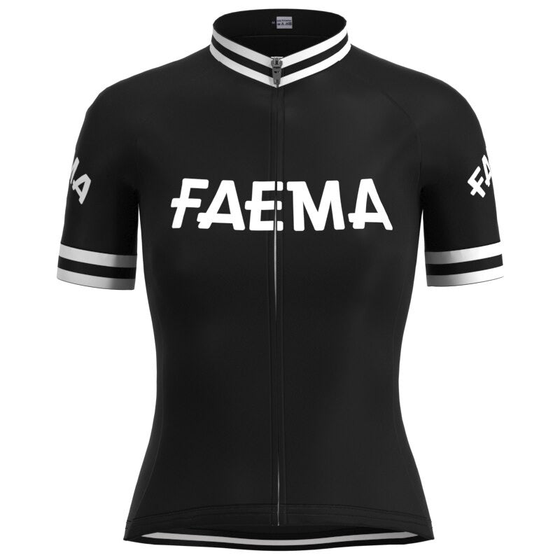 The Womens Faema 1955 Retro Cycling Jersey Set features a black jersey with short sleeves, bold white Faema text on the chest and sleeves, a front zipper, and classic white stripe details on the sleeves, collar, and hem. Perfect for those inspired by vintage cycling style.