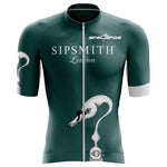 The Sipsmith Gin Retro Cycling Jersey is made from lightweight polyester and features a striking swan illustration with black and white details. Sipsmith London is displayed on the front, complemented by green sleeves with white cuffs for added flair.