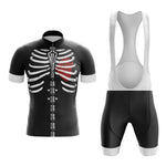 Enjoy a ride in our Skeleton Cycling Jersey Set, made from lightweight polyester for comfort. With a bold skeleton design showcasing white bones and a red rib, this breathable set keeps you cool and stylish on every journey.