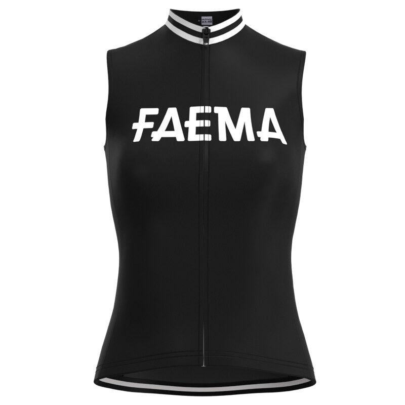 The Womens Faema 1955 Retro Cycling Jersey Set is a black sleeveless jersey with a white FAEMA logo, full-length zipper, and elegant white trim on the collar and hem, echoing the iconic design of the 1955 cycling jersey.