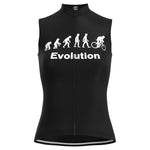 The Womens Evolution Cycling Jersey Set features a black sleeveless design with an evolution of man graphic, transitioning from ape to cyclist. The word Evolution is elegantly printed beneath, perfectly complementing your cycling ensemble.