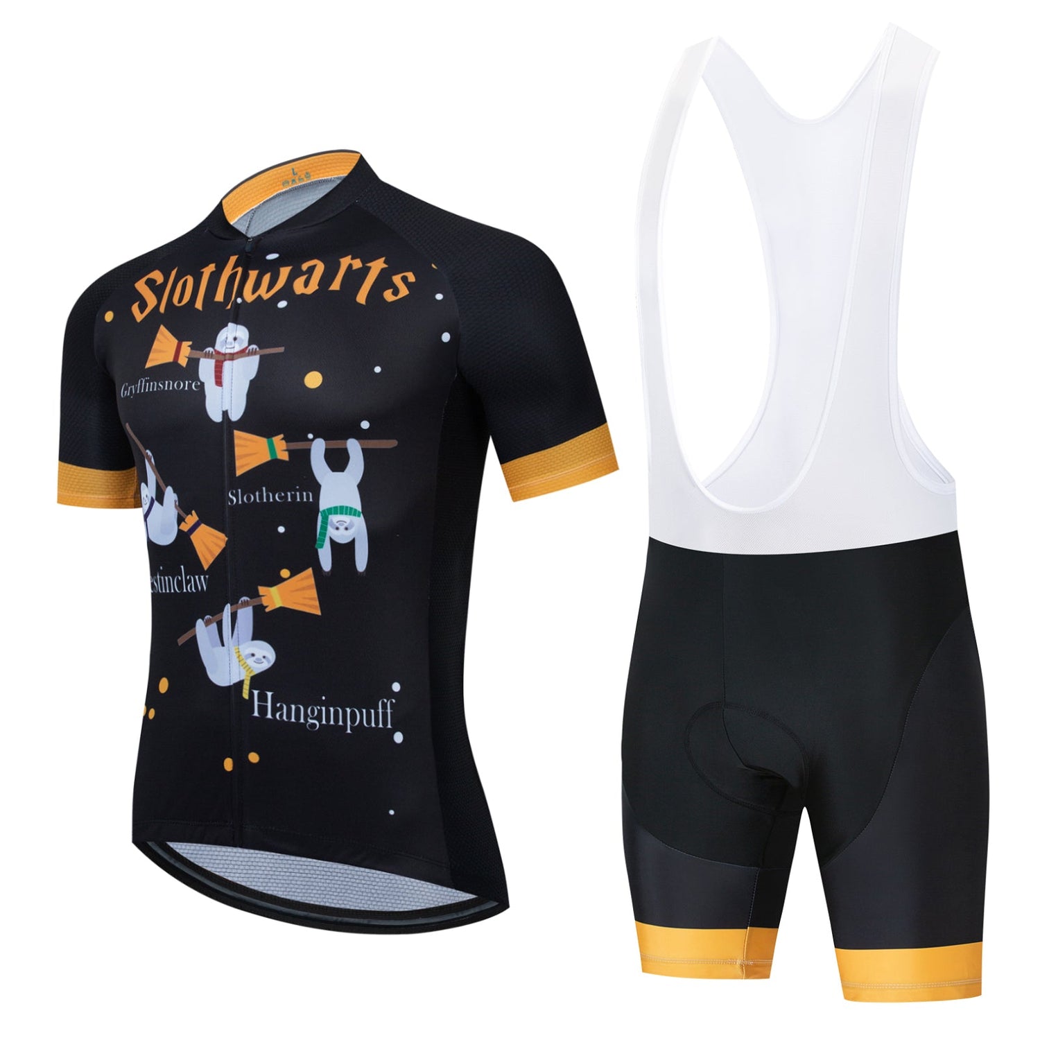 Discover the whimsical charm of the Slothwarts Cycling Team Set, featuring a sloth-themed jersey with cartoon sloths on broomsticks and playful Slothwarts, Slotherin, Gryffinsloth, Hanginpuff text. The set includes black and white bib shorts with vibrant orange accents, ideal for leisurely group rides.