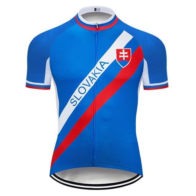 The Slovakia Cycling Jersey features a sleek design crafted from lightweight polyester, showcasing bold blue fabric with red and white diagonal stripes. It proudly displays SLOVAKIA text and a Slovak coat of arms, with short sleeves accented by red and white trim for a polished finish.