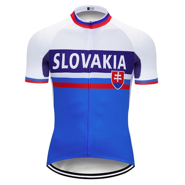 The blue and white Slovakia Cycling Jersey is lightweight polyester, with Slovakia in bold on the chest, enhanced by red and blue stripes, and features the Slovakian coat of arms on the side for a performance-ready design.