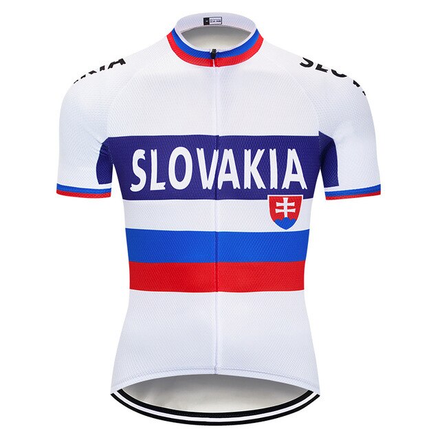 The Slovakia Cycling Jersey is made from lightweight polyester and features bold blue and red stripes, SLOVAKIA on the chest and sleeves, and a small Slovak coat of arms, making it a standout performance cycling jersey.