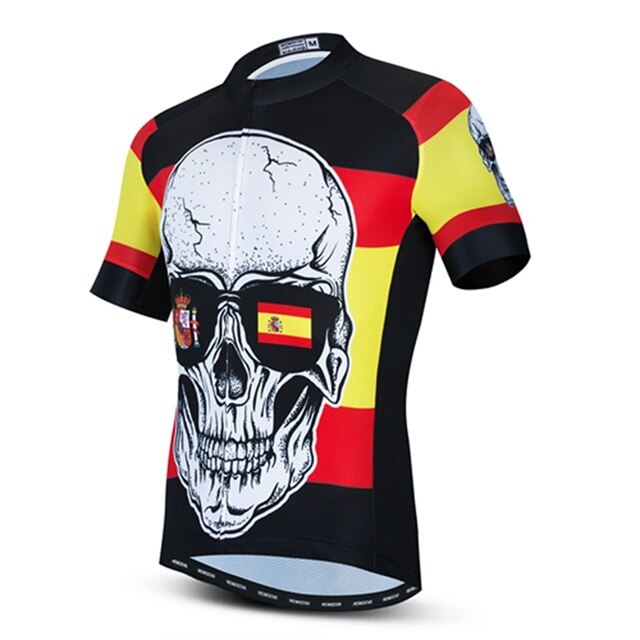 Introducing the Spain Skull Cycling Jersey, made from lightweight polyester. It features a skull print with Spanish flag sunglasses and bold red and yellow stripes, complemented by a black base on the sleeves adorned with skull prints.