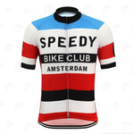The Speedy Bike Club Retro Cycling Jersey showcases blue, black, red, and white stripes with SPEEDY BIKE CLUB AMSTERDAM in bold black. Made from lightweight polyester, it highlights a Dutch theme on a crisp white background.