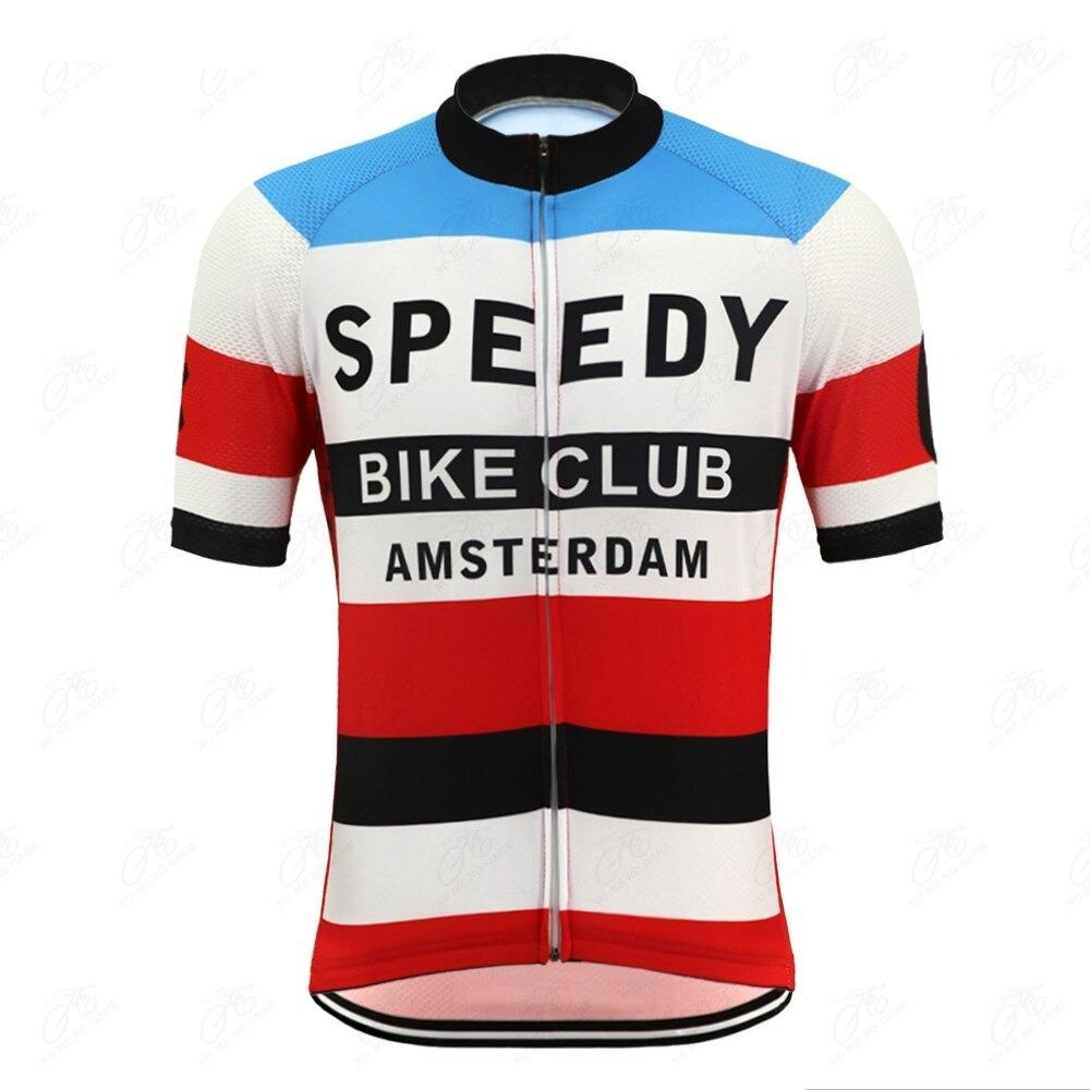 The Speedy Bike Club Retro Cycling Jersey showcases blue, black, red, and white stripes with SPEEDY BIKE CLUB AMSTERDAM in bold black. Made from lightweight polyester, it highlights a Dutch theme on a crisp white background.