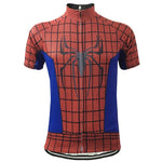 The Spiderman Cycling Jersey, made from breathable, lightweight polyester, features a red and black web design resembling a superhero suit. It has a chest spider emblem, blue side panels, short sleeves, and a front zipper closure for ultimate comfort.