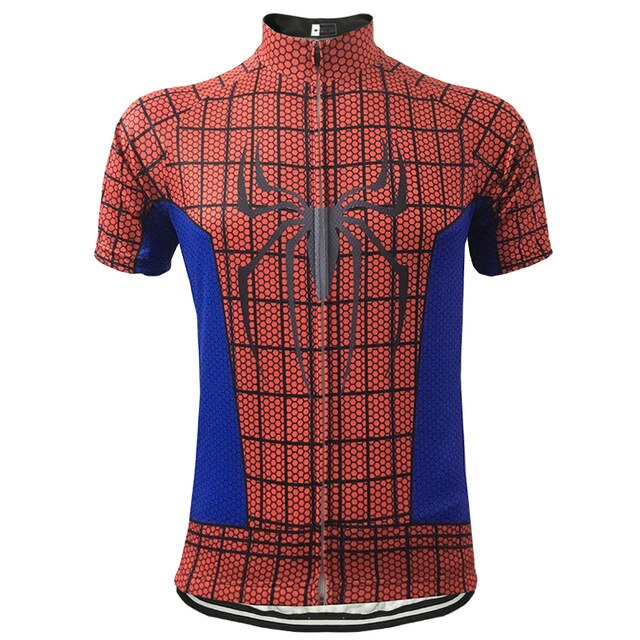 The Spiderman Cycling Jersey, made from breathable, lightweight polyester, features a red and black web design resembling a superhero suit. It has a chest spider emblem, blue side panels, short sleeves, and a front zipper closure for ultimate comfort.