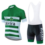The Sporting-Tavira Cycling Jersey Set includes a green and white striped jersey with tavira text and logos, made from lightweight polyester, paired with breathable black and green cycling bib shorts featuring tavira on the side.