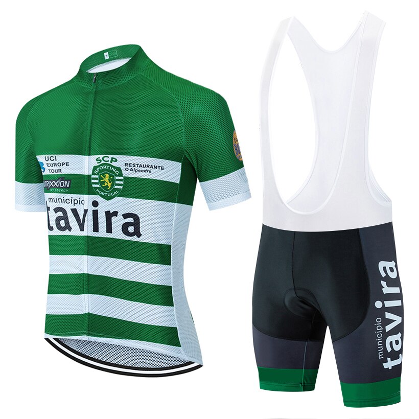 The Sporting-Tavira Cycling Jersey Set includes a green and white striped jersey with tavira text and logos, made from lightweight polyester, paired with breathable black and green cycling bib shorts featuring tavira on the side.
