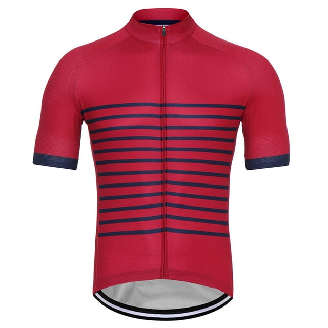 The Striped Lines Retro Cycling Jersey is a red, short-sleeved retro jersey with navy blue horizontal stripes. Crafted from lightweight polyester, it features a full-length front zipper and breathable fabric to enhance ride efficiency.