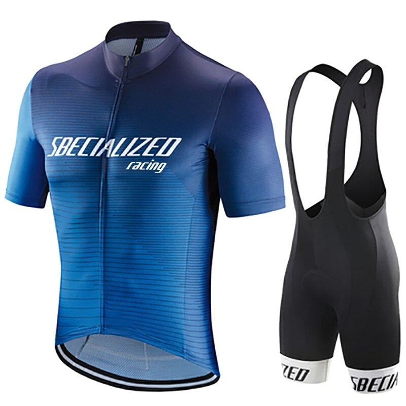 The Specialized Racing Team Cycling Jersey Set includes a blue, lightweight polyester jersey with the Specialized Racing logo, short sleeves, and a full zipper. It’s paired with black bib shorts featuring white leg bands for a premium cycling experience.
