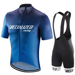 The Specialized Racing Team Cycling Jersey Set includes a blue, lightweight polyester jersey with the Specialized Racing logo, short sleeves, and a full zipper. It’s paired with black bib shorts featuring white leg bands for a premium cycling experience.