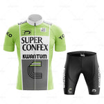The Super Confex Kwantum Retro Cycling Jersey Set includes a green and white jersey with SUPER CONFEX and KWANTUM logos, black and gray stripes, paired with lightweight polyester black shorts featuring side logos.