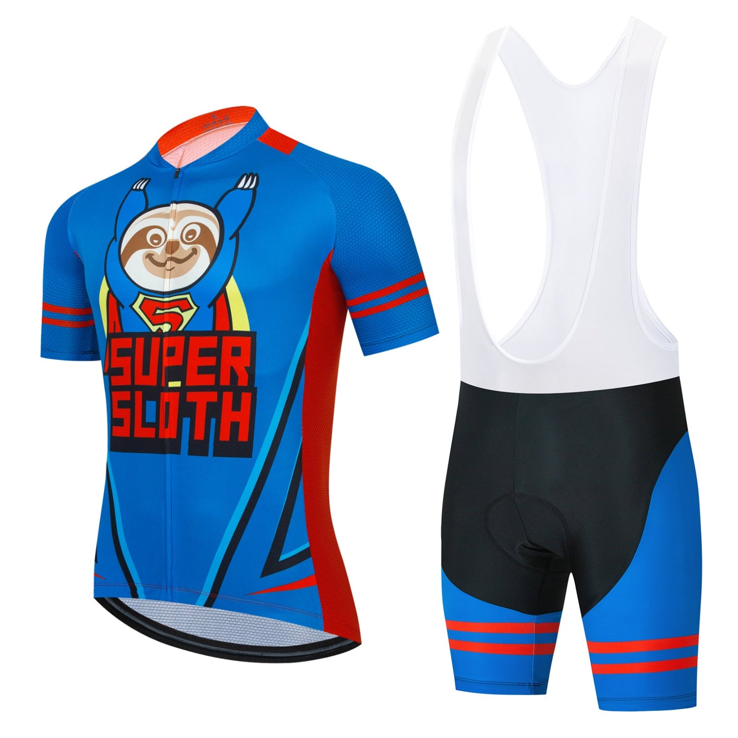 The Super Sloth Cycling Team Set includes a blue and red jersey with a comic superhero sloth design, paired with black bib shorts featuring blue and red accents—ideal for riders enjoying a leisurely pace.