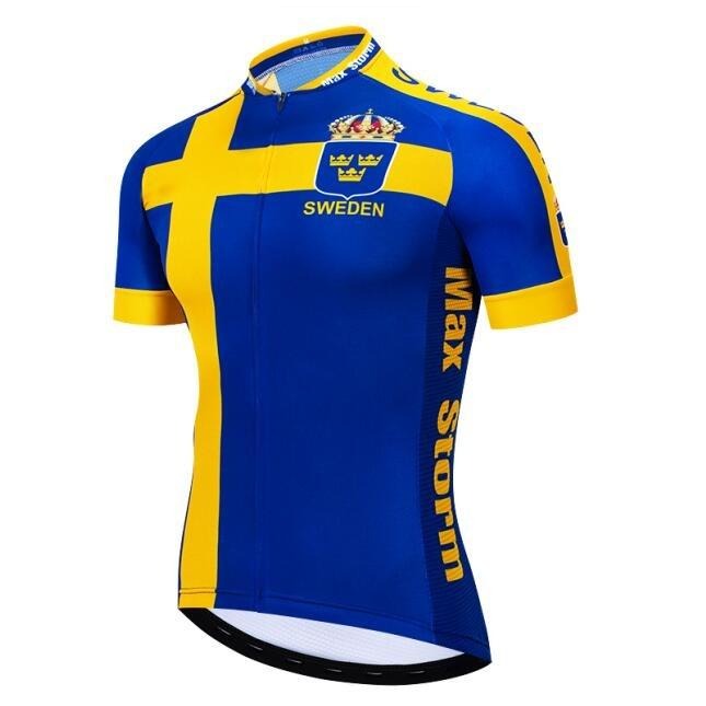 The Sweden Blue Cycling Jersey, made from lightweight polyester, features a blue and yellow Swedish flag-inspired design. It has SWEDEN with crowns on the chest and Max Storm elegantly down the side.