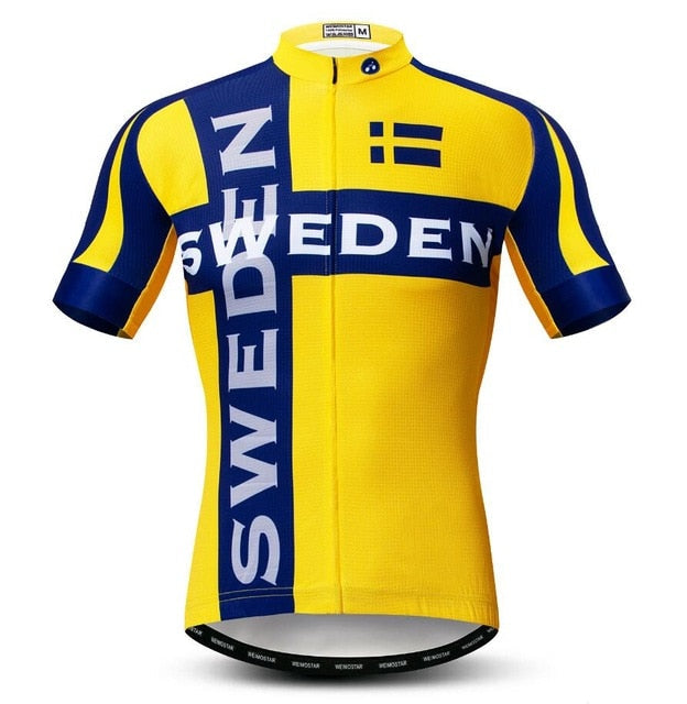 Made from lightweight polyester, the Sweden Cycling Jersey features vertical blue stripes, Sweden text in white, and a striking yellow and blue design with the Swedish flag for performance cycling with national pride.