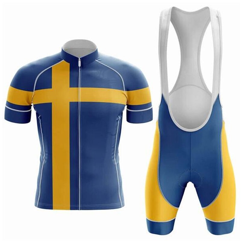 The Sweden Pro Team Cycling Jersey Sets boast a blue and yellow design with a striking yellow cross, matching bib shorts, lightweight polyester construction, a comfortable gel seat pad, and a tastefully white bib section.