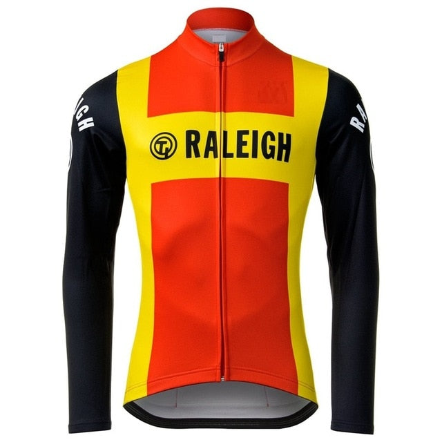 The TI Raleigh Long Sleeve Retro Cycling Jersey features a bold red and yellow pattern with RALEIGH on the chest and sleeves, a vertical front zipper, and classic black sleeves for a sleek appearance.