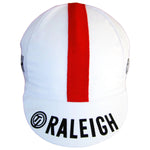 The TI Raleigh Retro Cycling Cap is white with a bold red center stripe and Raleigh in black letters on the front, topped by a circular logo, offering a classic vintage cycling aesthetic.
