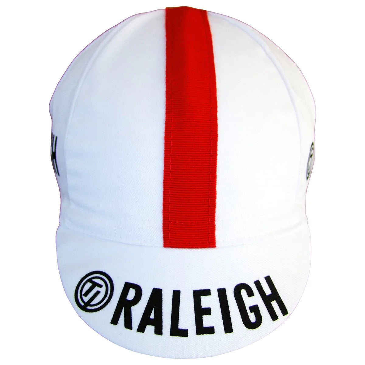 The TI Raleigh Retro Cycling Cap is white with a bold red center stripe and Raleigh in black letters on the front, topped by a circular logo, offering a classic vintage cycling aesthetic.