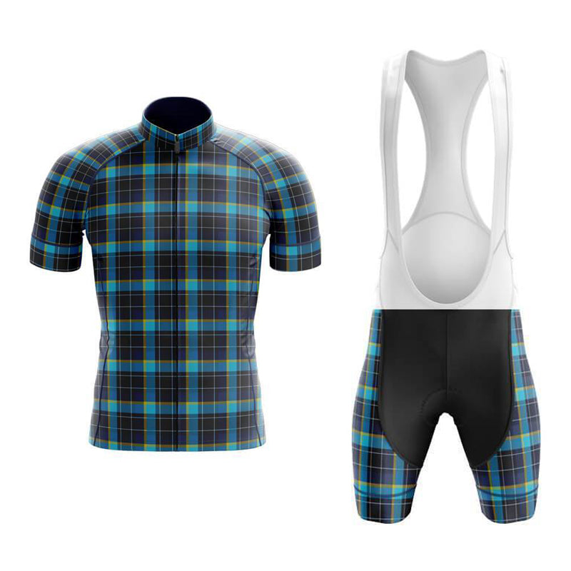 The Tartan Blue Cycling Jersey Set includes a blue, black, and yellow plaid Retro Cycling Jersey made from lightweight polyester with a full zip. It comes with breathable shorts and a black bib featuring white straps, all displayed on a clean white background.